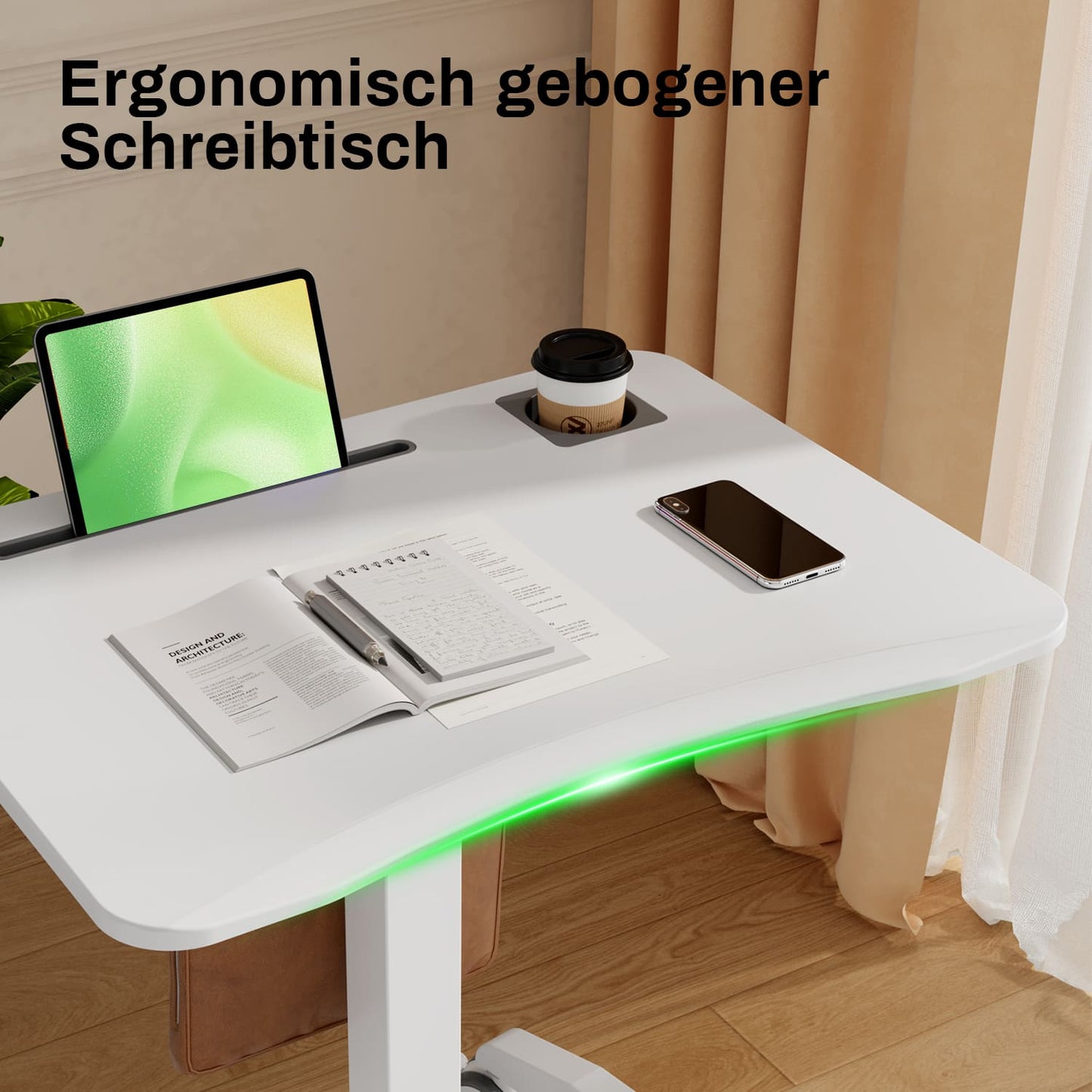 M2 Höhenverstellbarer Schreibtisch pneumatischer Computertisch mit Rollen und Haken