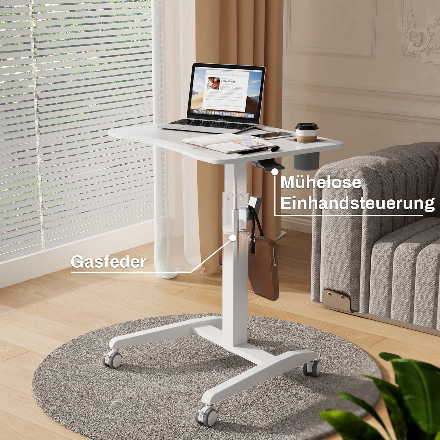 M2 Höhenverstellbarer Schreibtisch pneumatischer Computertisch mit Rollen und Haken