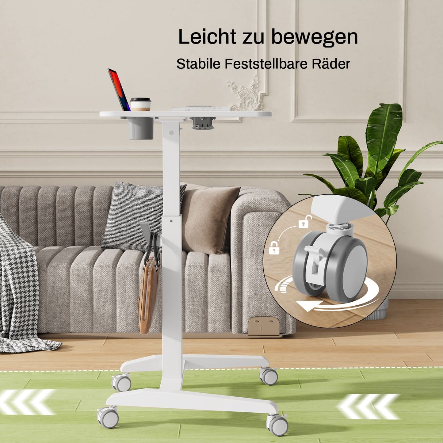 M2 Höhenverstellbarer Schreibtisch pneumatischer Computertisch mit Rollen und Haken