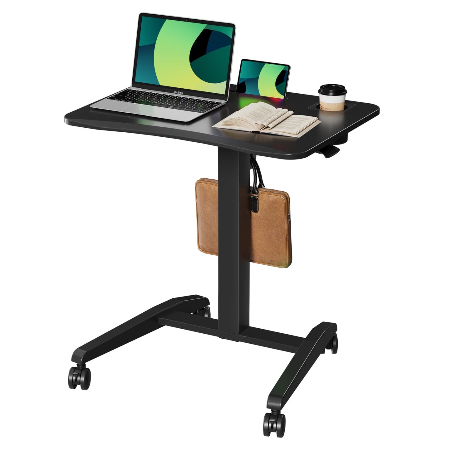 M2 Höhenverstellbarer Schreibtisch pneumatischer Computertisch mit Rollen und Haken