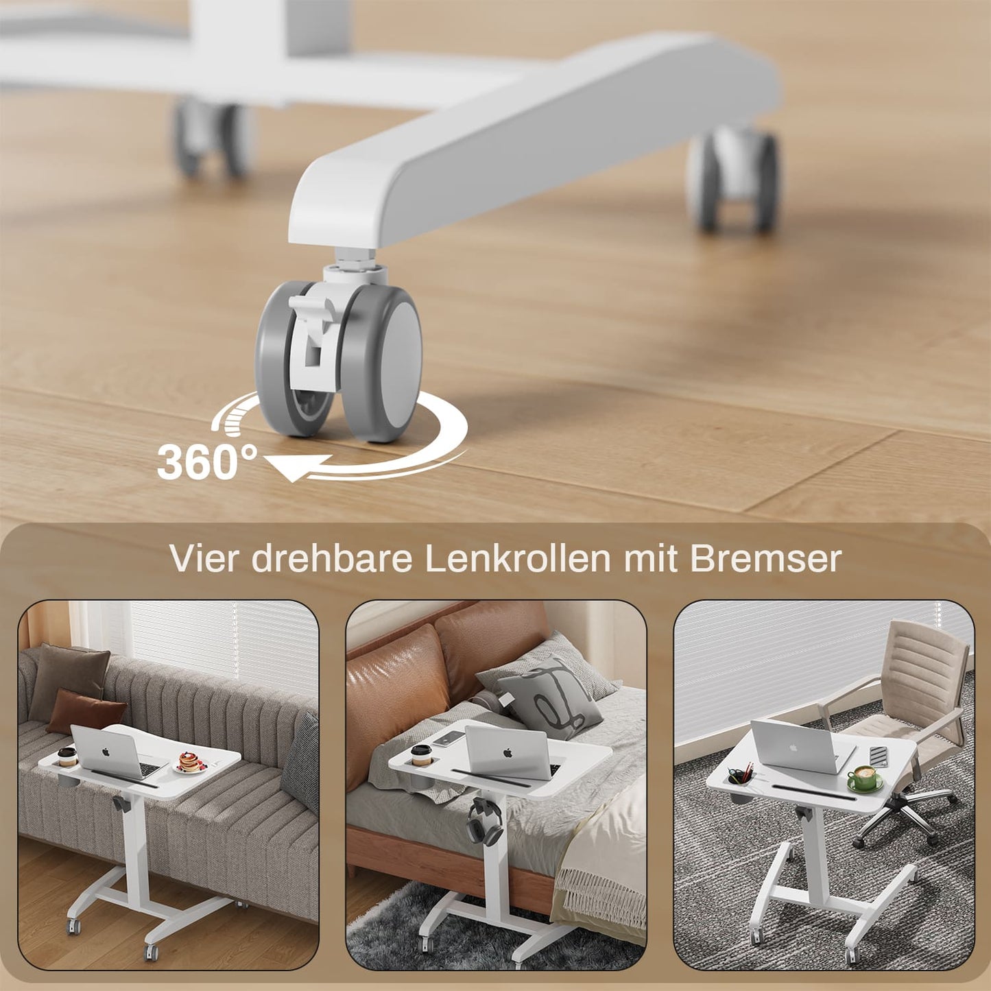 M2 Höhenverstellbarer Schreibtisch pneumatischer Computertisch mit Rollen und Haken