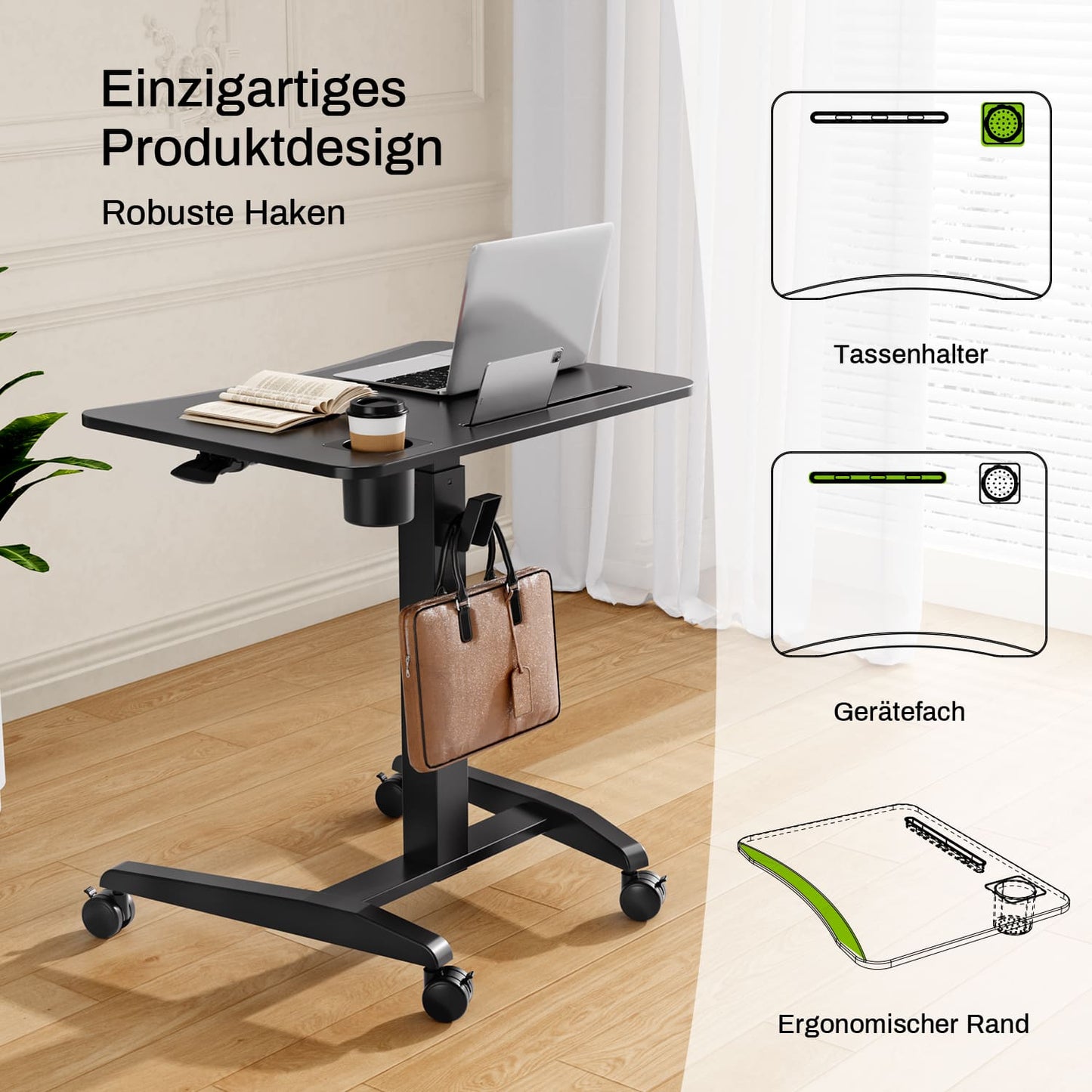M2 Höhenverstellbarer Schreibtisch pneumatischer Computertisch mit Rollen und Haken