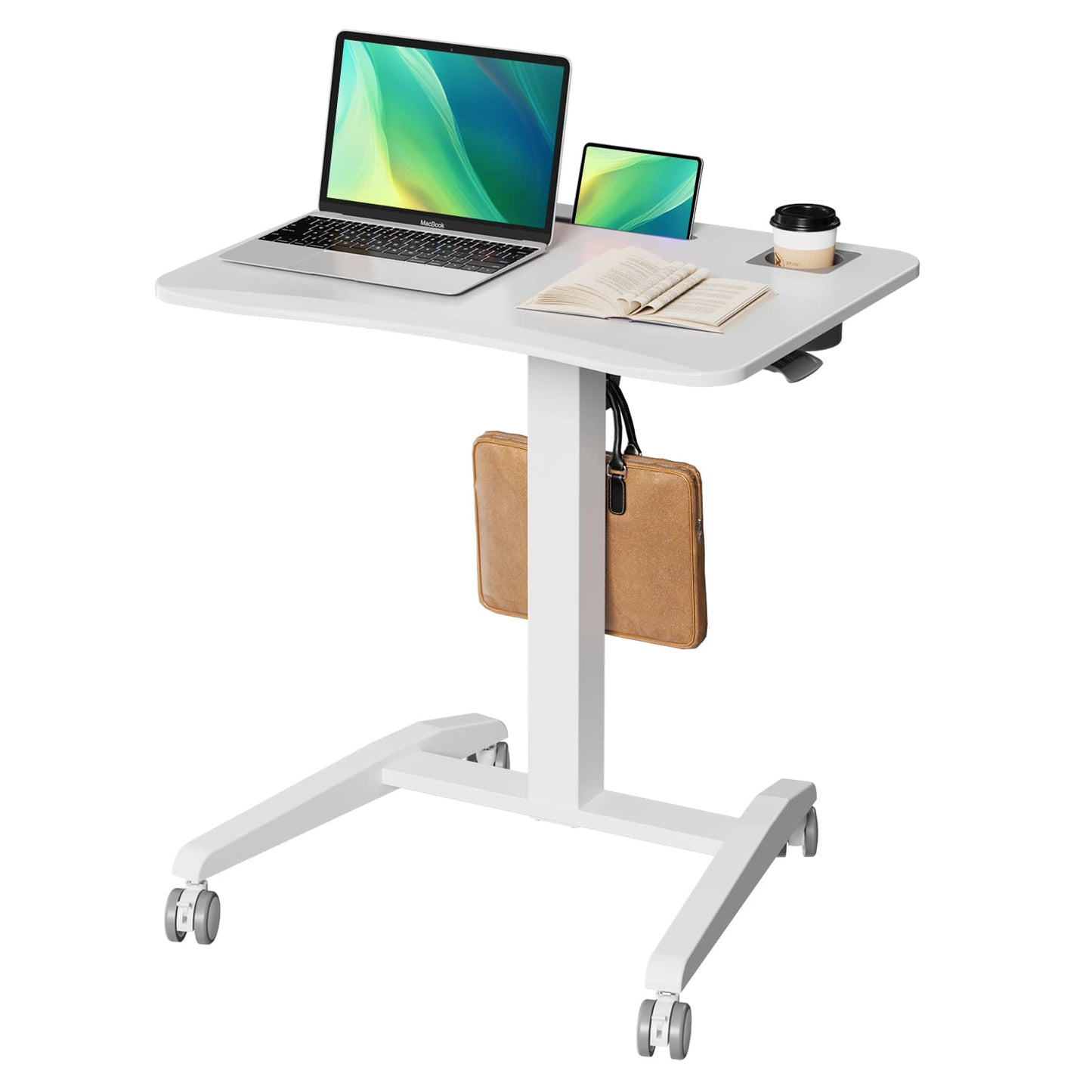 M2 Höhenverstellbarer Schreibtisch pneumatischer Computertisch mit Rollen und Haken