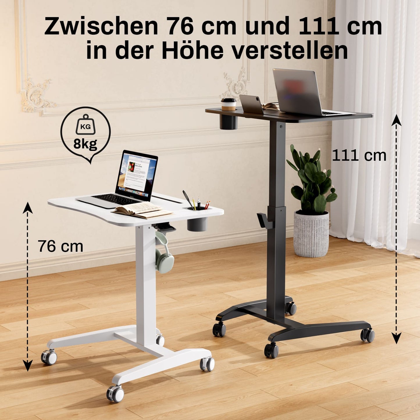 M2 Höhenverstellbarer Schreibtisch pneumatischer Computertisch mit Rollen und Haken