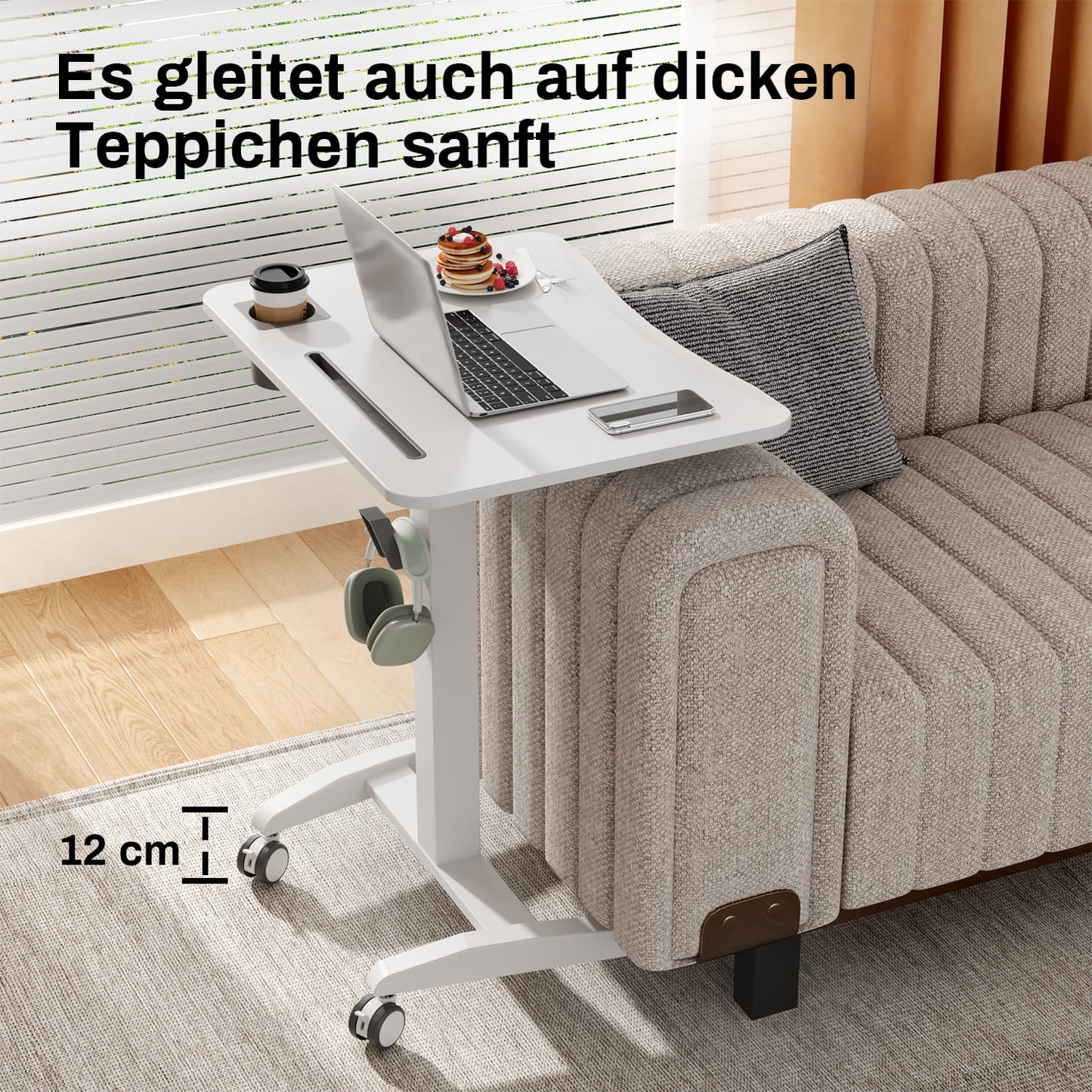 M2 Höhenverstellbarer Schreibtisch pneumatischer Computertisch mit Rollen und Haken