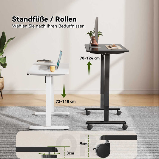 Elektrischer Höhenverstellbarer Schreibtisch | Klein 88x50 cm Nahtlose Ganzplatte Sitz-Steh-Schreibtisch mit Rollen