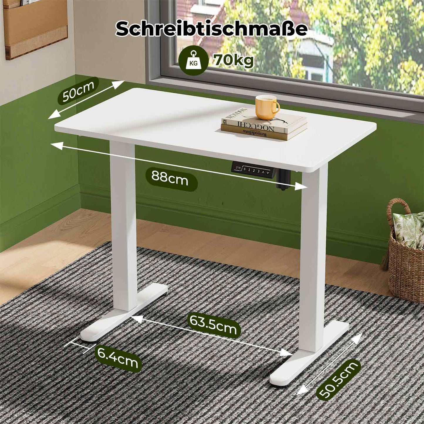 Elektrischer Höhenverstellbarer Schreibtisch | Klein 88x50 cm Nahtlose Ganzplatte Sitz-Steh-Schreibtisch mit Rollen